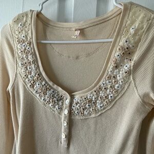 Free People Cream Flower Embroidered Thermal Long Sleeve Top, Size Medium